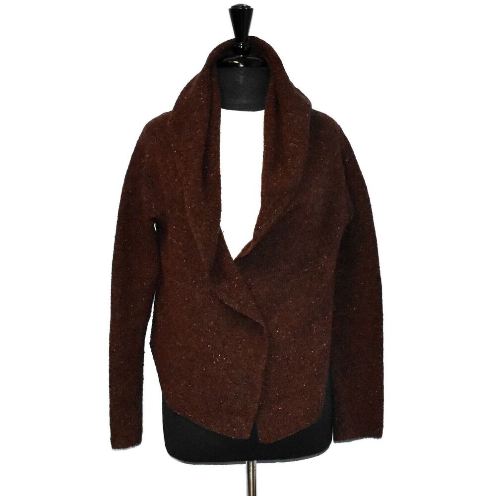A4 EILEEN FISHER Brown Wool Silk Blend Open Front Cropped Cardigan Sweater Sz M